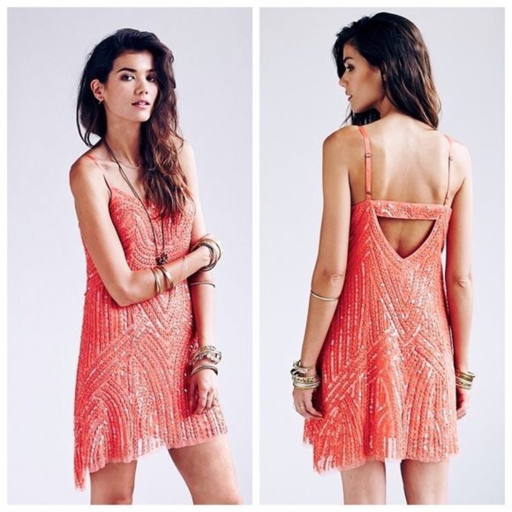 Free People Coral Reef Sequined Asymmetrical Dress